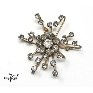 Vintage 50s Rhinestone Atomic Star Burst Pin 3D Style 2 1/2" Across - Hey Viv